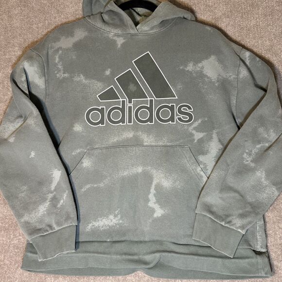 Adidas Hoodie Women 18/20 Kangaroo Pocket Green Cloud Wash Fleece Relaxed Fit - Picture 1 of 7